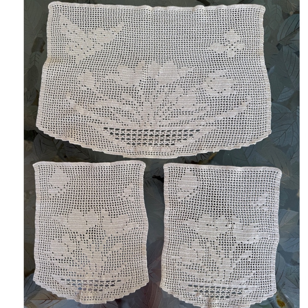 Vintage Hand Crochet Filet Antimacassar Lace Doily Set Beige Floral 3 Pieces